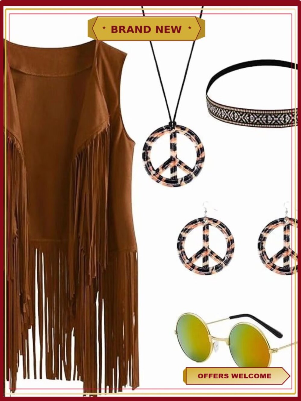 70s Hippie Costume Set with Fringe Vest for Women Halloween